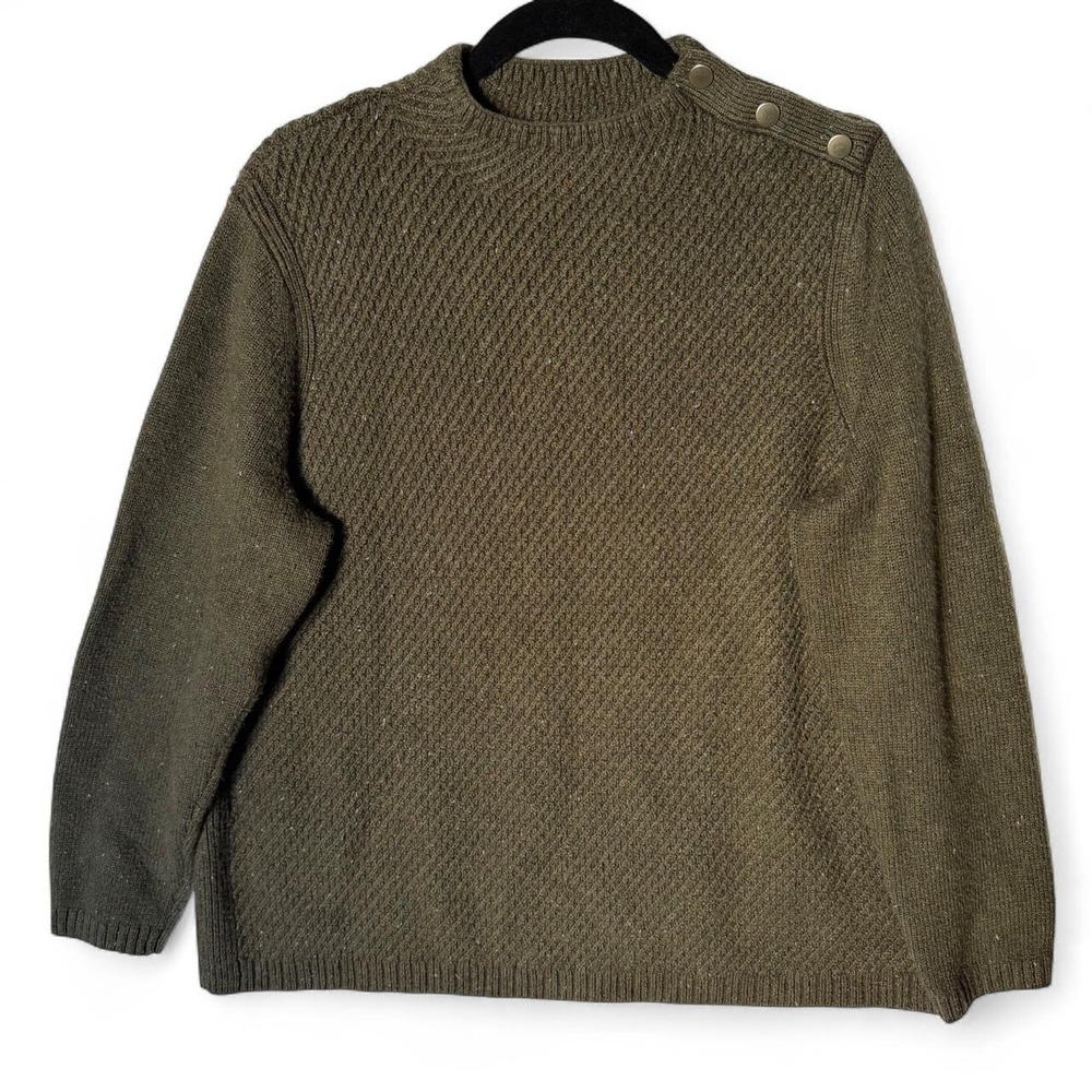 Talbots Olive Green Mock Neck Sweater Gold Button Detail Casual Boho Classic